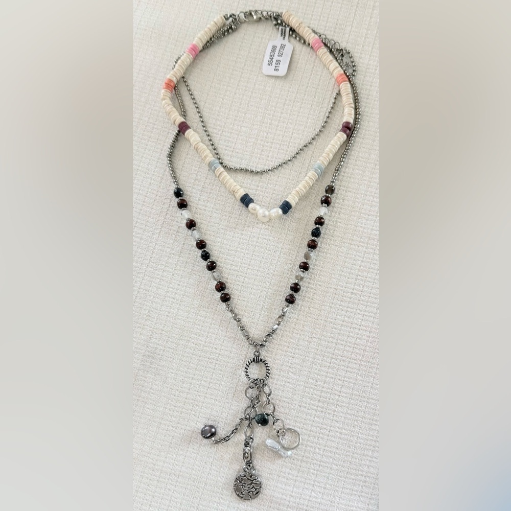 New Free People Layered Silver and Pearl Charm Necklace - Picture 2 of 5